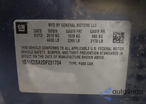 2013 Chevrolet Malibu 1Lt из США, поврежденный, VIN 1G11C5SA2DF231704